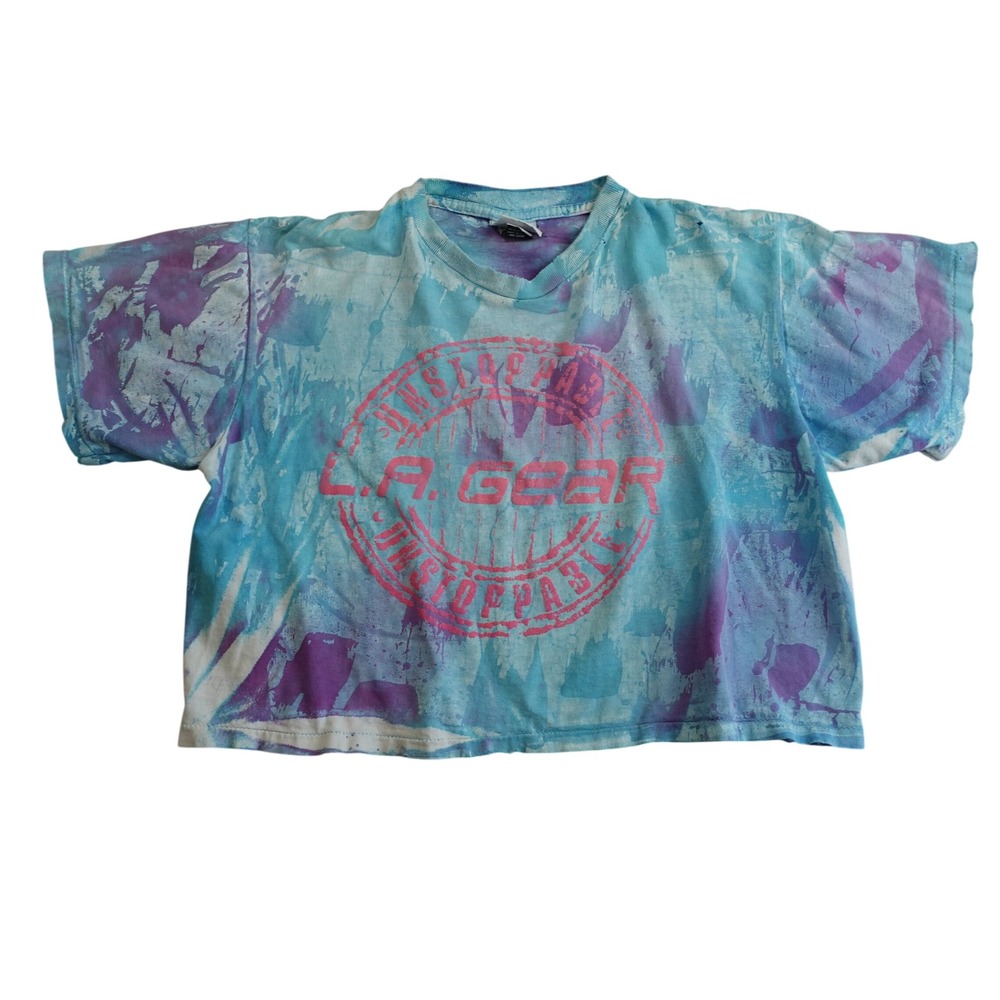 Vintage 80s Gym Tee LA Gear Crop Top OS‎ Unstoppable Tie Dye Boxy Neon Retro USA